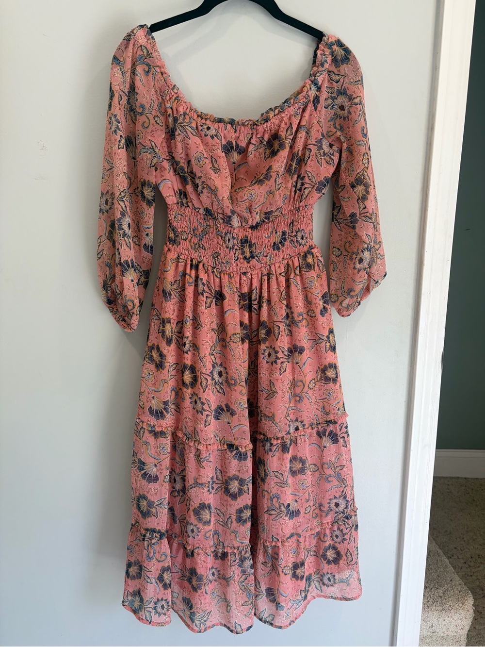 Patrons of Peace Boho Cottagecore Smocked Waist Pink Floral Midi Dress